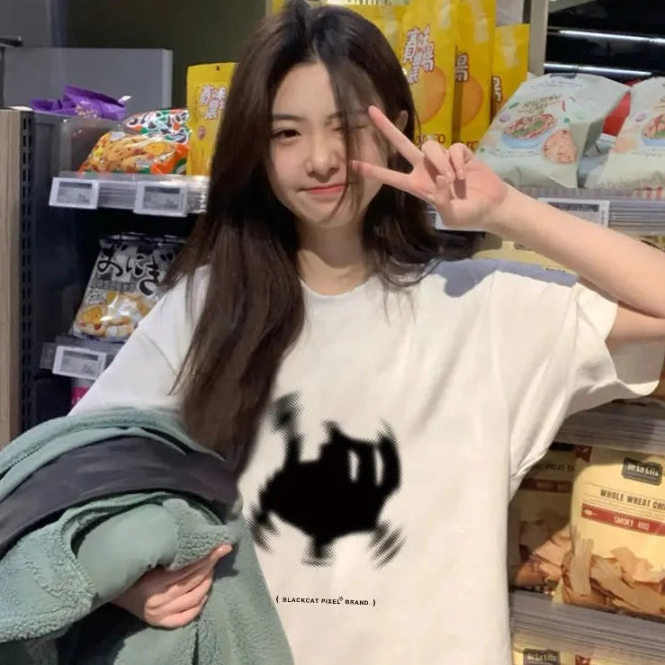 kawaiies-softtoys-plushies-kawaii-plush-Fuzzy Black Cat White Women's Tee Apparel