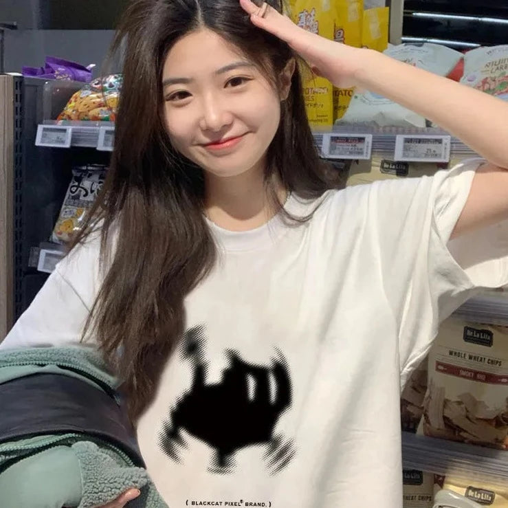 kawaiies-softtoys-plushies-kawaii-plush-Fuzzy Black Cat White Women's Tee Apparel