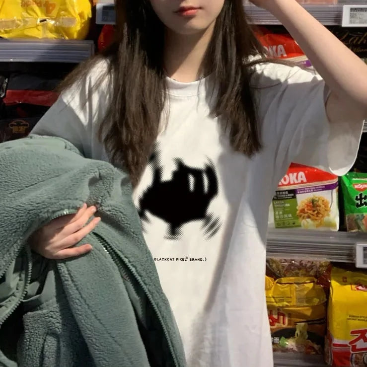 kawaiies-softtoys-plushies-kawaii-plush-Fuzzy Black Cat White Women's Tee Apparel