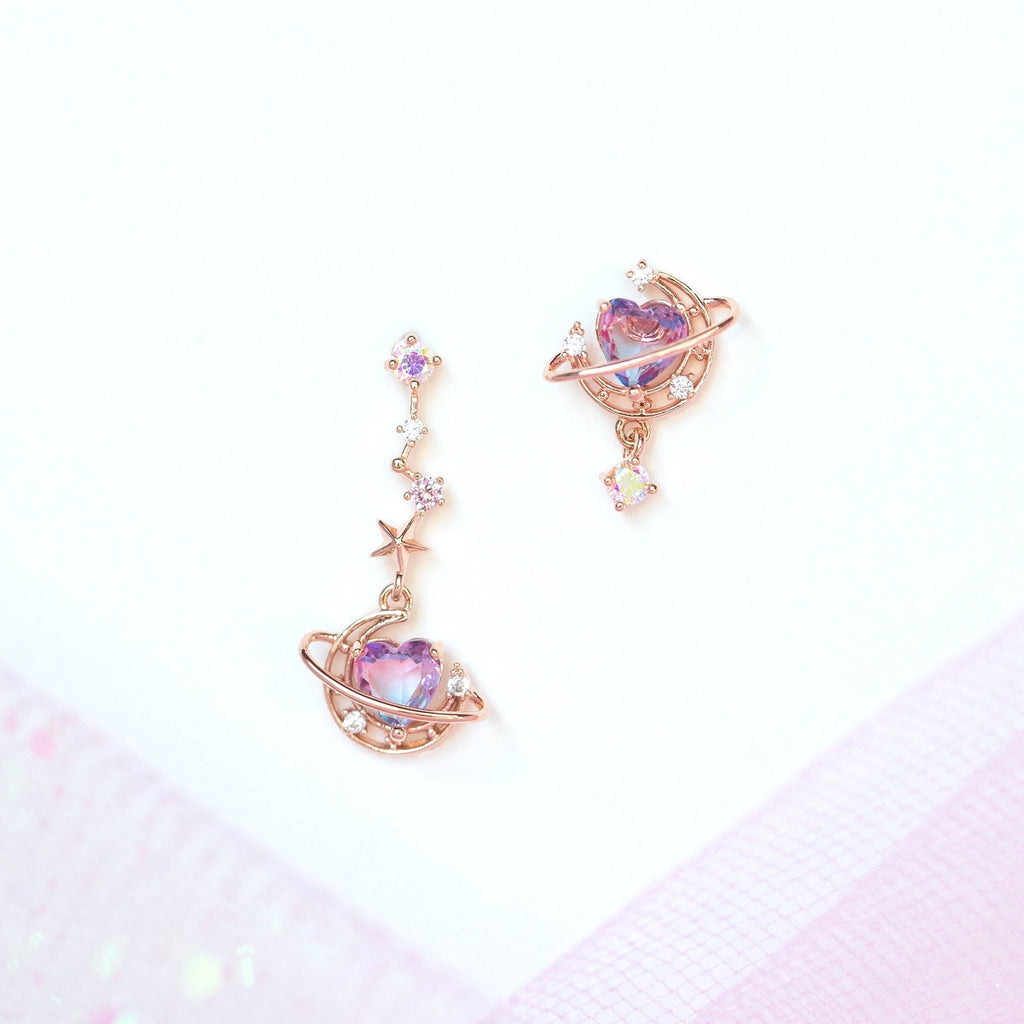 kawaiies-softtoys-plushies-kawaii-plush-Galaxy Moon Heart Gold-Plated Asymmetric Stud Earrings Earrings Rose gold 
