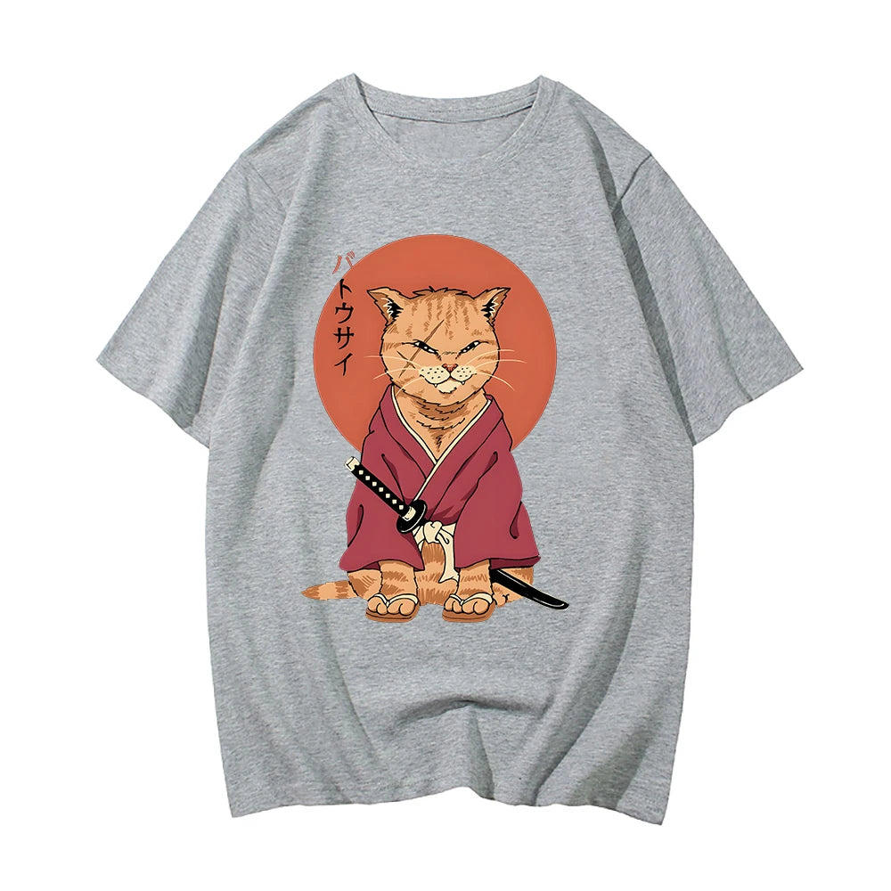 kawaiies-softtoys-plushies-kawaii-plush-Ginger Samurai Cat Sun Unisex Tee Apparel Gray XS