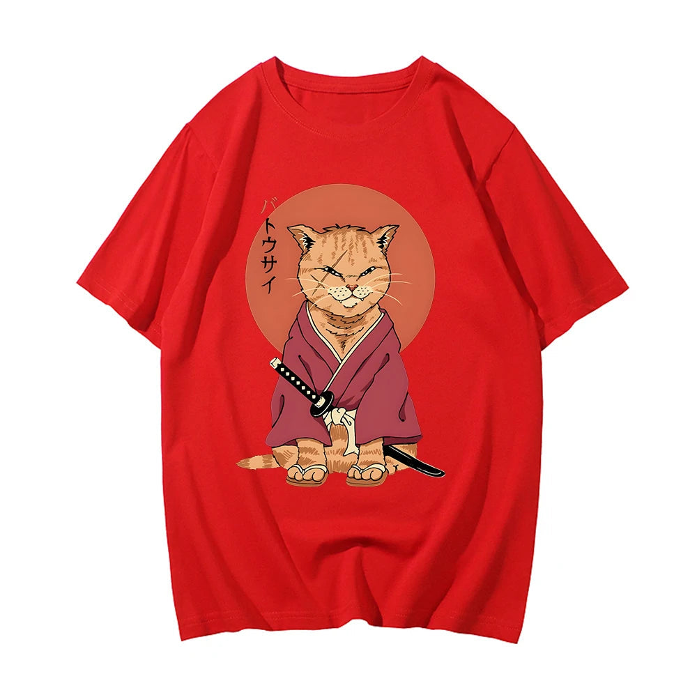 kawaiies-softtoys-plushies-kawaii-plush-Ginger Samurai Cat Sun Unisex Tee Apparel Red XS