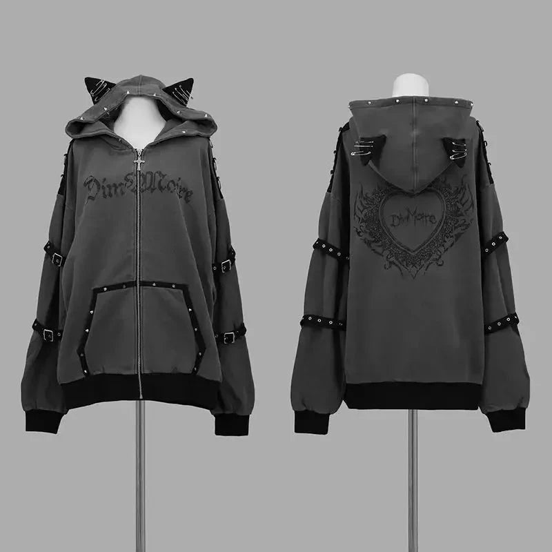 kawaiies-softtoys-plushies-kawaii-plush-Gothic Cat Streetwear Harajuku Hoodie Jacket Apparel XS