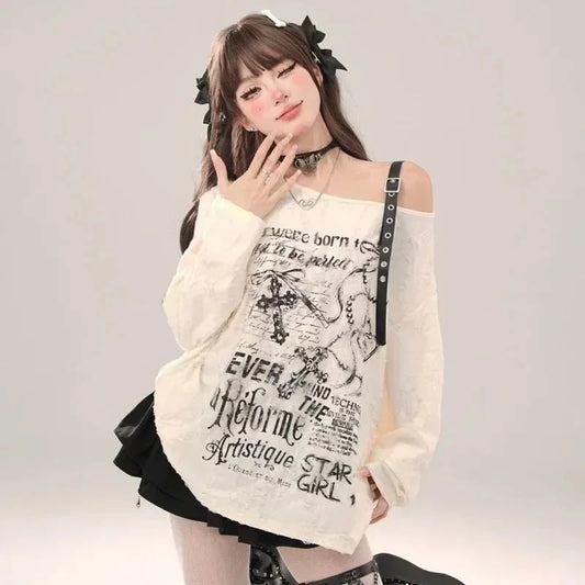 kawaiies-softtoys-plushies-kawaii-plush-Gothic Graphic Off-Shoulder Buckle Long Sleeve Beige Gray Tee Apparel
