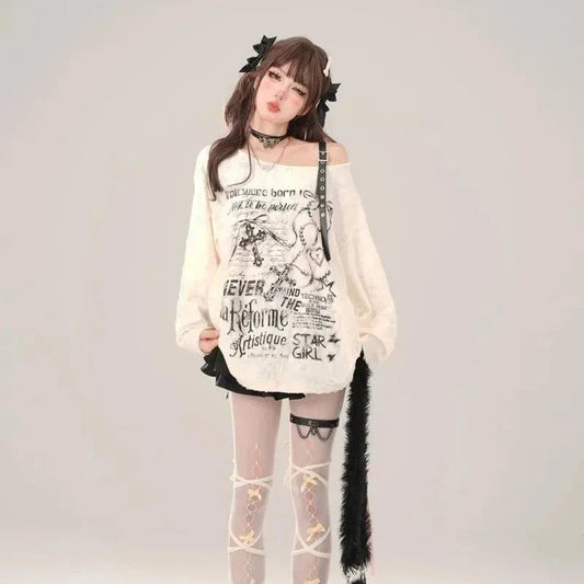 kawaiies-softtoys-plushies-kawaii-plush-Gothic Graphic Off-Shoulder Buckle Long Sleeve Beige Gray Tee Apparel Beige L