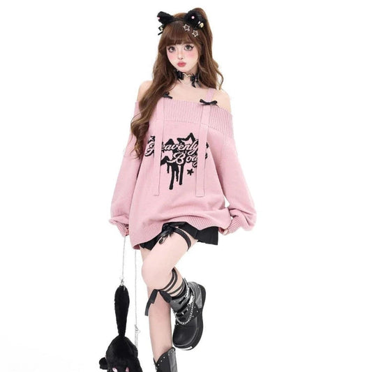kawaiies-softtoys-plushies-kawaii-plush-Gothic "Heavenly Body" Oversized Off-Shoulder Women's Black Pink Sweater Apparel