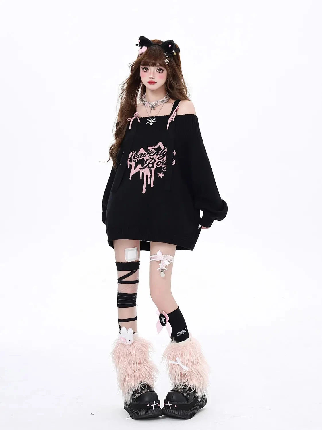 kawaiies-softtoys-plushies-kawaii-plush-Gothic "Heavenly Body" Oversized Off-Shoulder Women's Black Pink Sweater Apparel