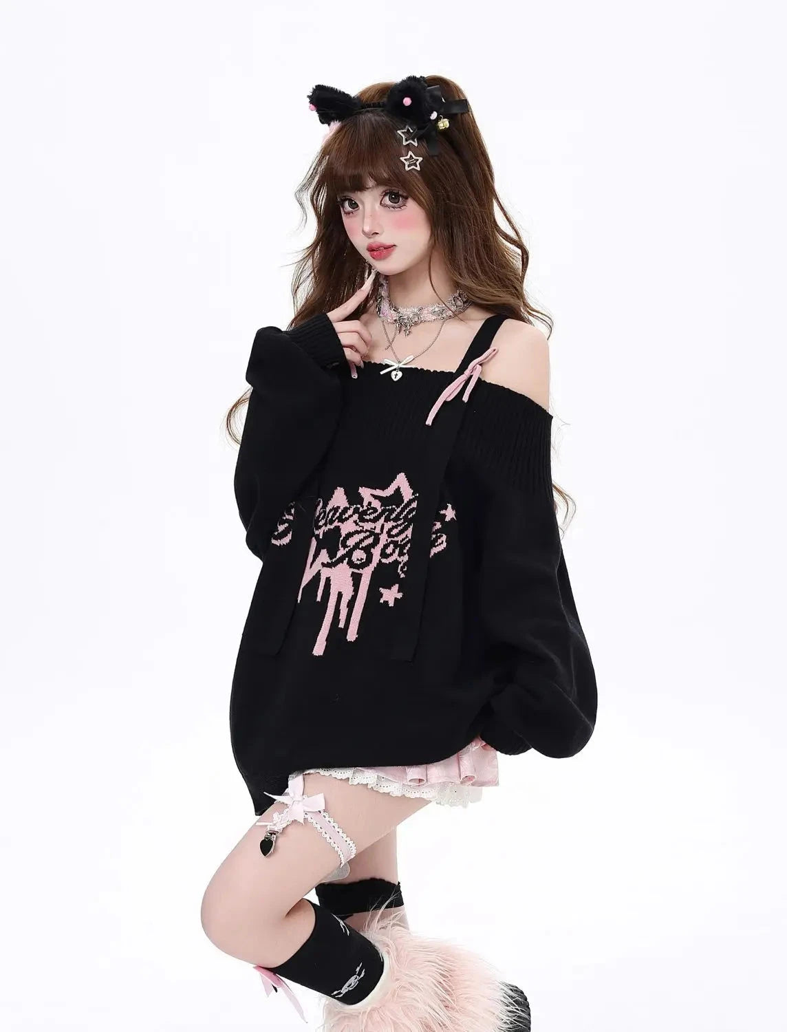 kawaiies-softtoys-plushies-kawaii-plush-Gothic "Heavenly Body" Oversized Off-Shoulder Women's Black Pink Sweater Apparel