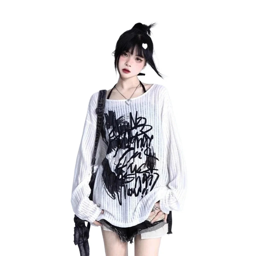 kawaiies-softtoys-plushies-kawaii-plush-Graffiti Print Oversized Ribbed Long Sleeve Top Apparel