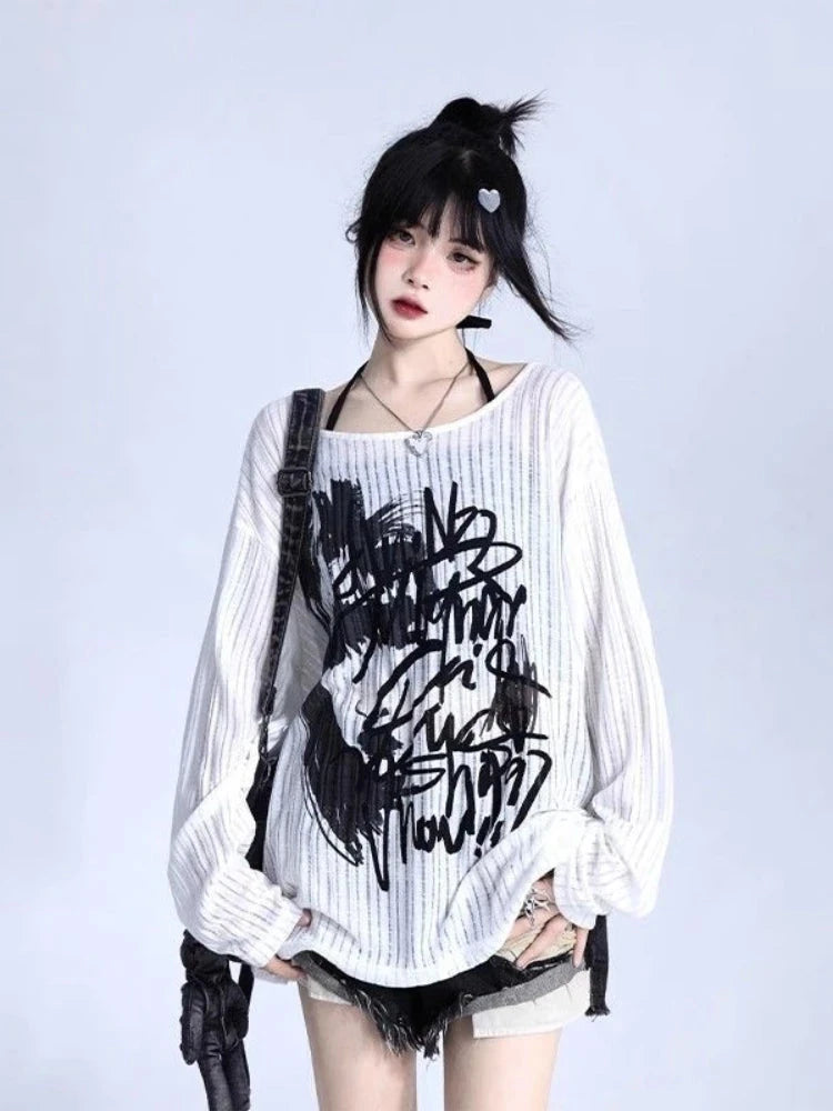 kawaiies-softtoys-plushies-kawaii-plush-Graffiti Print Oversized Ribbed Long Sleeve Top Apparel