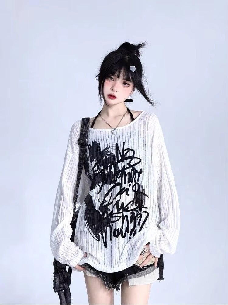 kawaiies-softtoys-plushies-kawaii-plush-Graffiti Print Oversized Ribbed Long Sleeve Top Apparel M