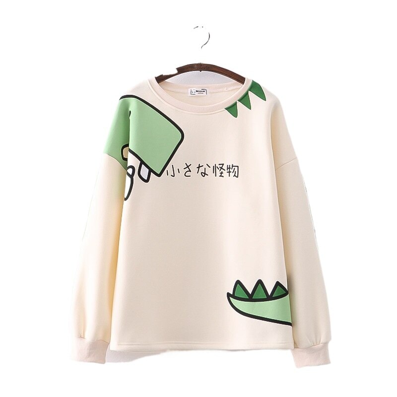 kawaiies-softtoys-plushies-kawaii-plush-Green Dinosaur Long Sleeve Unisex Sweatshirts | NEW Hoodies Cream