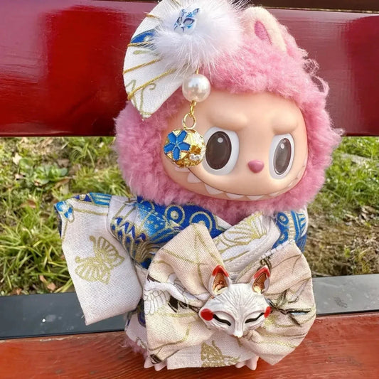 kawaiies-softtoys-plushies-kawaii-plush-Handmade Labubu Japanese Kitsune Kimono Fan Outfit Accessories