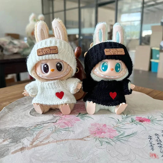 kawaiies-softtoys-plushies-kawaii-plush-Handmade Labubu White Black Heart Cosy Knit Outfit Accessories
