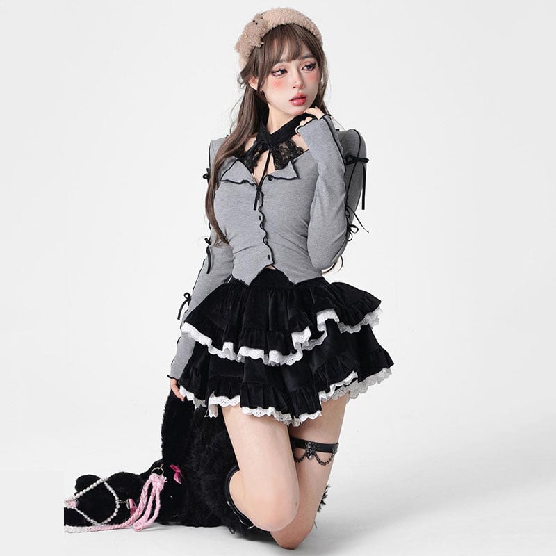 kawaiies-softtoys-plushies-kawaii-plush-Harajuku Goth Ribbon Skirt Two Piece Set Apparel