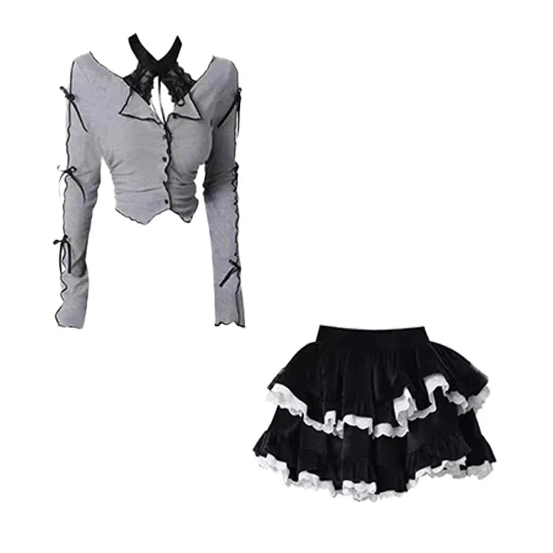 kawaiies-softtoys-plushies-kawaii-plush-Harajuku Goth Ribbon Skirt Two Piece Set Apparel Top & Skirt Set Size S(40-45Kg)