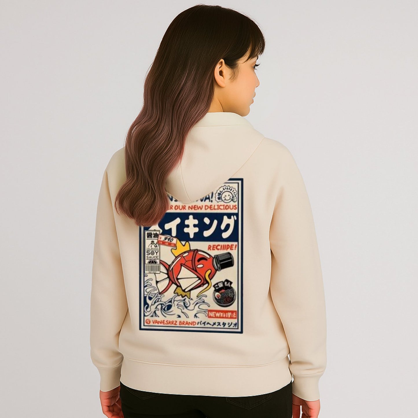 kawaiies-softtoys-plushies-kawaii-plush-Harajuku Japanese Fish Konnichiwa Poster Unisex Hoodie Apparel Cream S