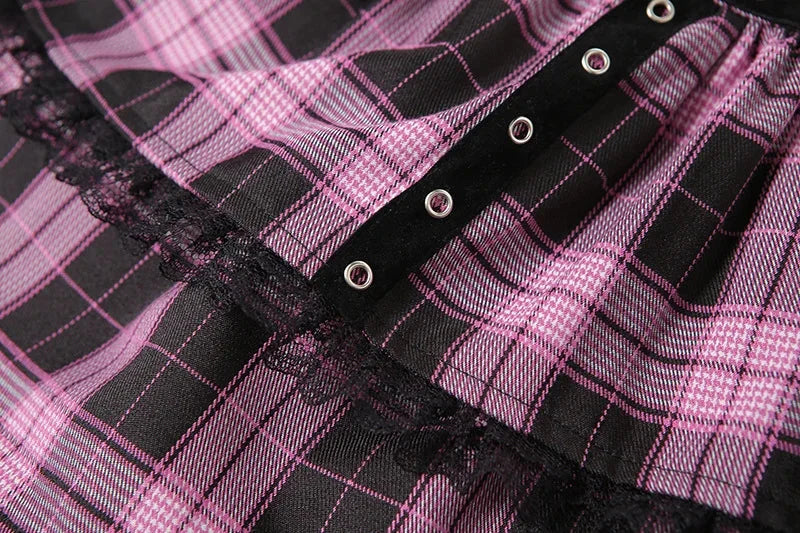 kawaiies-softtoys-plushies-kawaii-plush-Harajuku Lolita Gothic Black Pink Laced Plaid Pleated Skirt Apparel