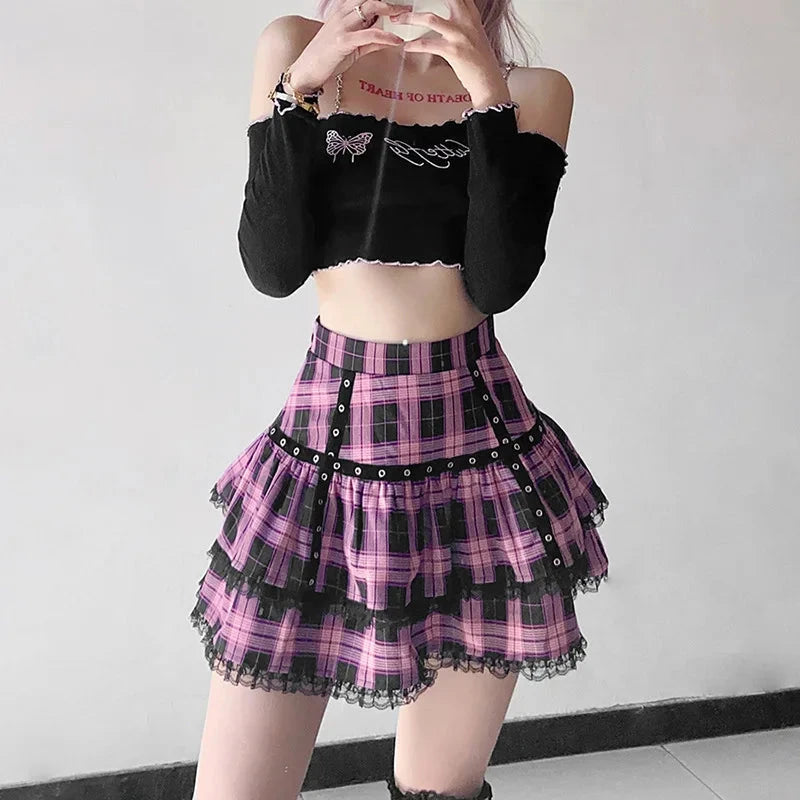 kawaiies-softtoys-plushies-kawaii-plush-Harajuku Lolita Gothic Black Pink Laced Plaid Pleated Skirt Apparel L