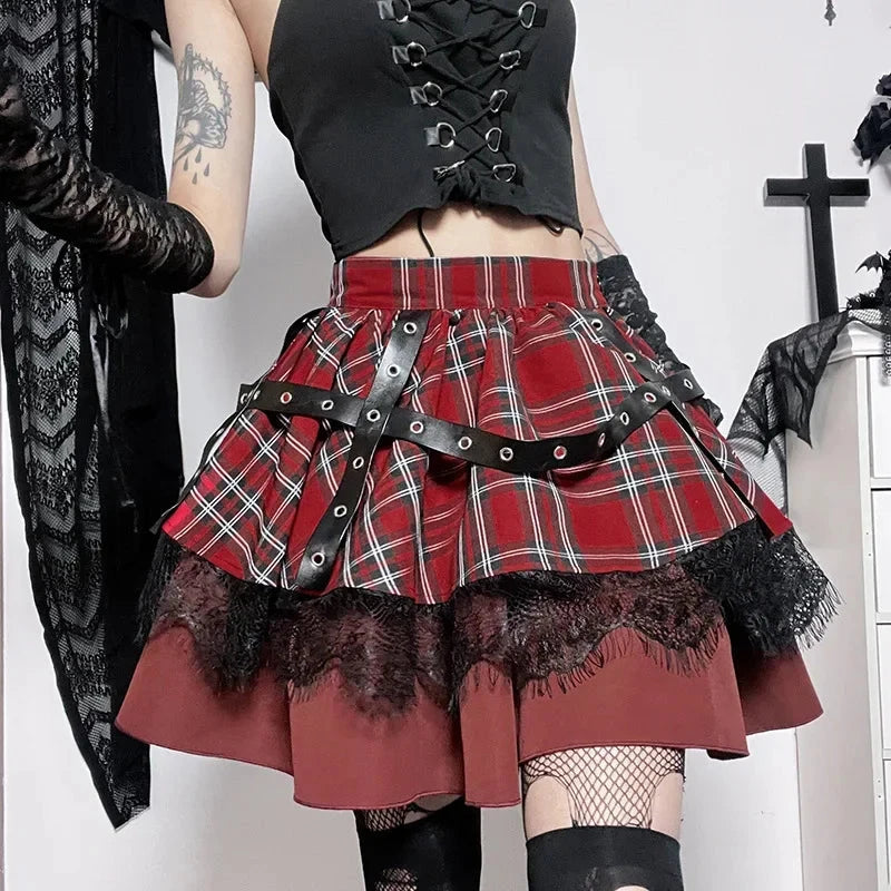 kawaiies-softtoys-plushies-kawaii-plush-Harajuku Lolita Gothic Rouge Red Laced Plaid Pleated Skirt Apparel XS