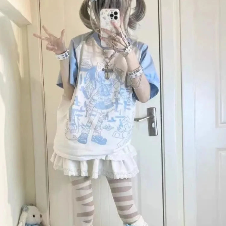kawaiies-softtoys-plushies-kawaii-plush-Harajuku Pastel Rebel Blue Black Two-tone Oversized Anime Tee Apparel