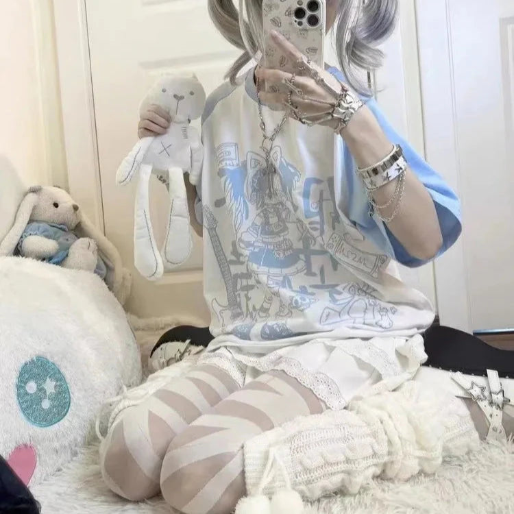 kawaiies-softtoys-plushies-kawaii-plush-Harajuku Pastel Rebel Blue Black Two-tone Oversized Anime Tee Apparel