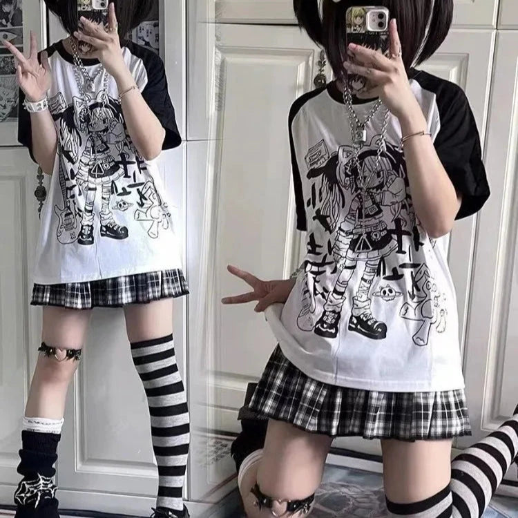 kawaiies-softtoys-plushies-kawaii-plush-Harajuku Pastel Rebel Blue Black Two-tone Oversized Anime Tee Apparel