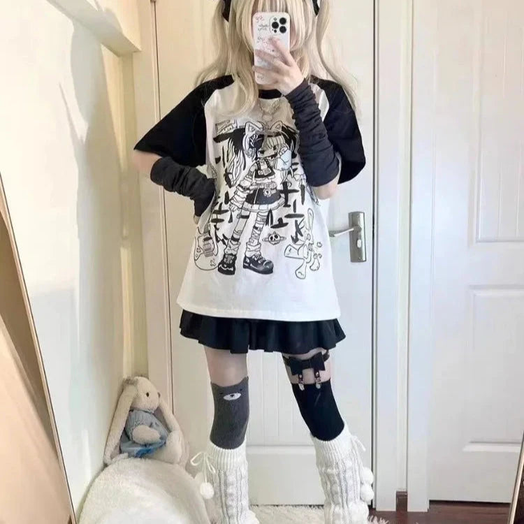 kawaiies-softtoys-plushies-kawaii-plush-Harajuku Pastel Rebel Blue Black Two-tone Oversized Anime Tee Apparel