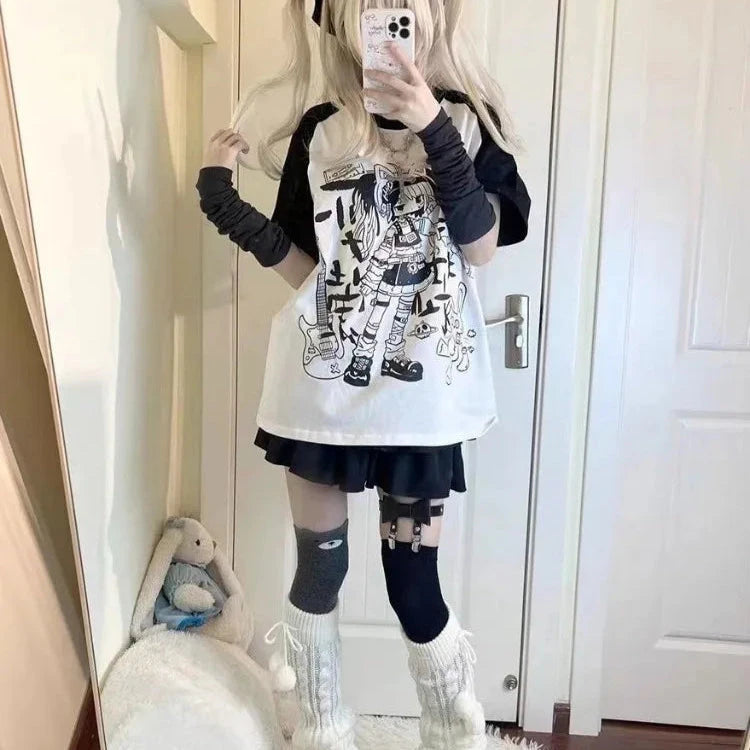 kawaiies-softtoys-plushies-kawaii-plush-Harajuku Pastel Rebel Blue Black Two-tone Oversized Anime Tee Apparel