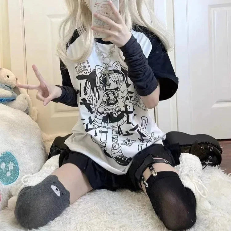 kawaiies-softtoys-plushies-kawaii-plush-Harajuku Pastel Rebel Blue Black Two-tone Oversized Anime Tee Apparel