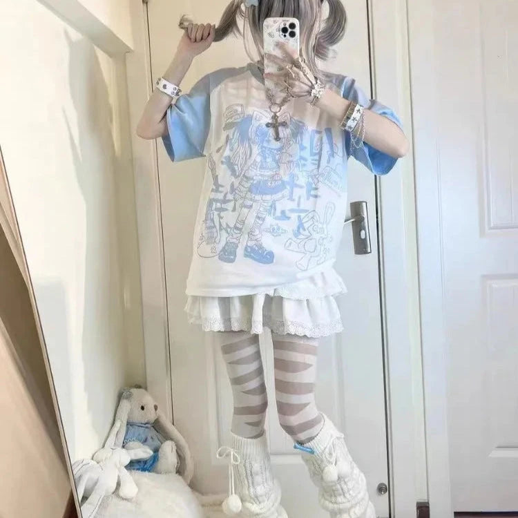 kawaiies-softtoys-plushies-kawaii-plush-Harajuku Pastel Rebel Blue Black Two-tone Oversized Anime Tee Apparel