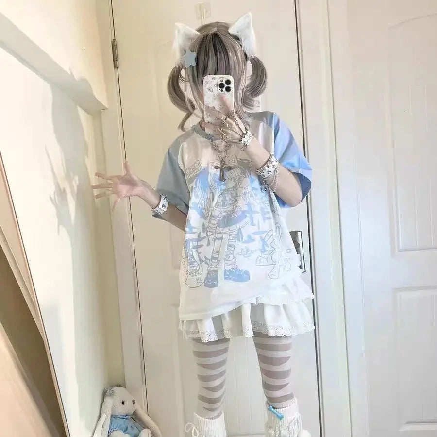 kawaiies-softtoys-plushies-kawaii-plush-Harajuku Pastel Rebel Blue Black Two-tone Oversized Anime Tee Apparel Blue S