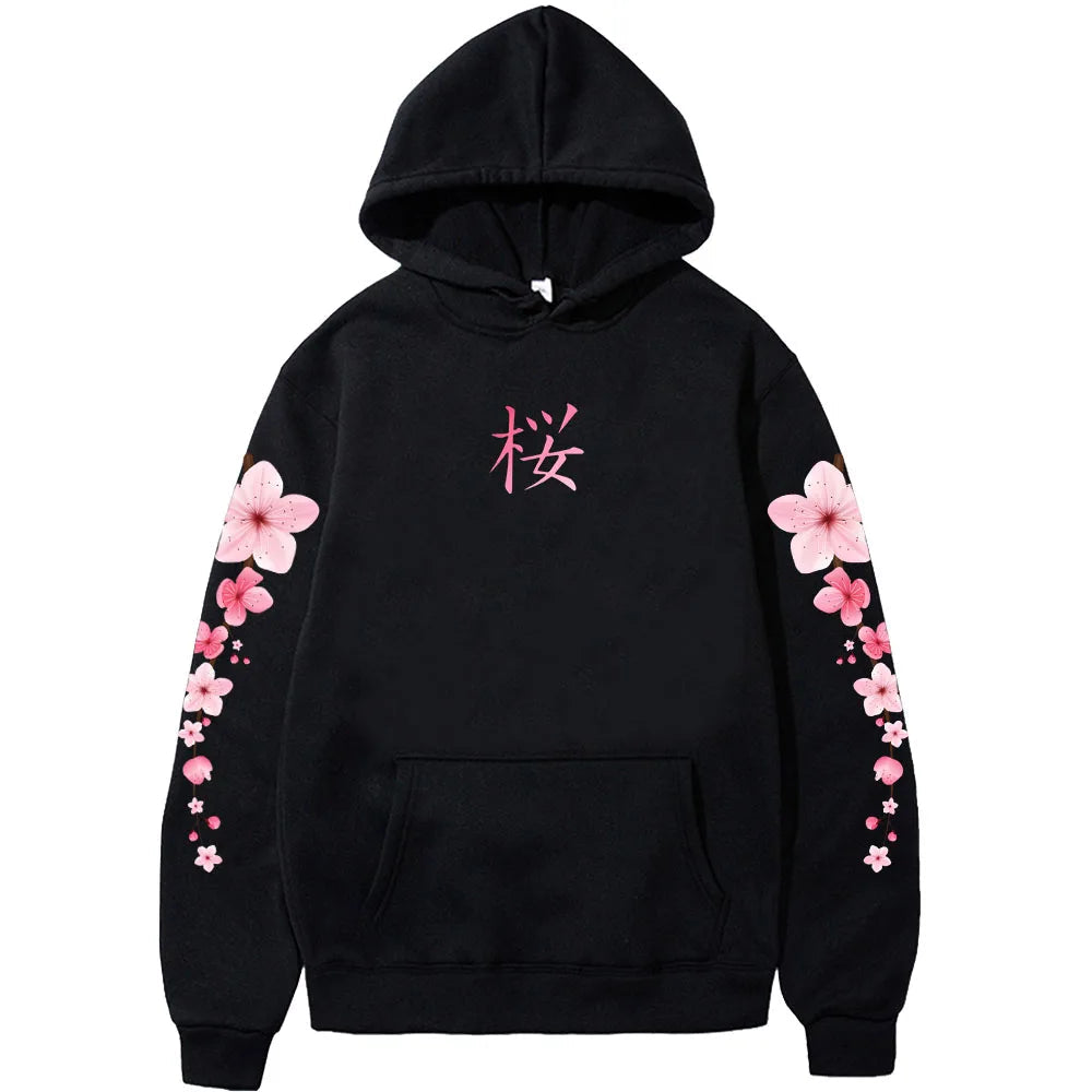 Japanese Sakura Black Hoodie With Cherry Blossom Cherry Blossom