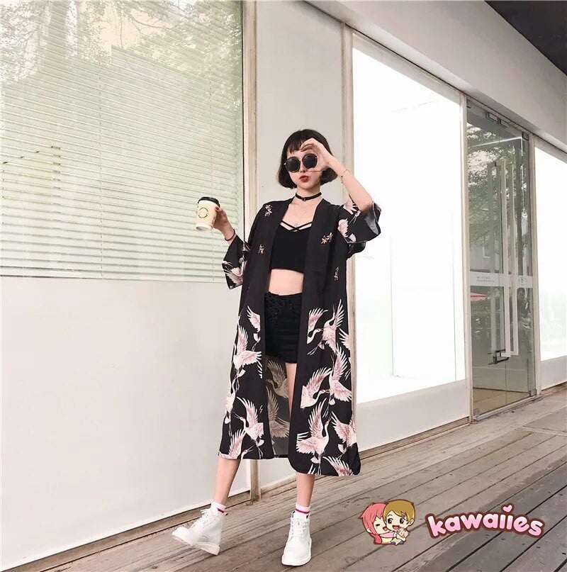 kawaiies-softtoys-plushies-kawaii-plush-Japanese Crane Print Long Kimono Kimono