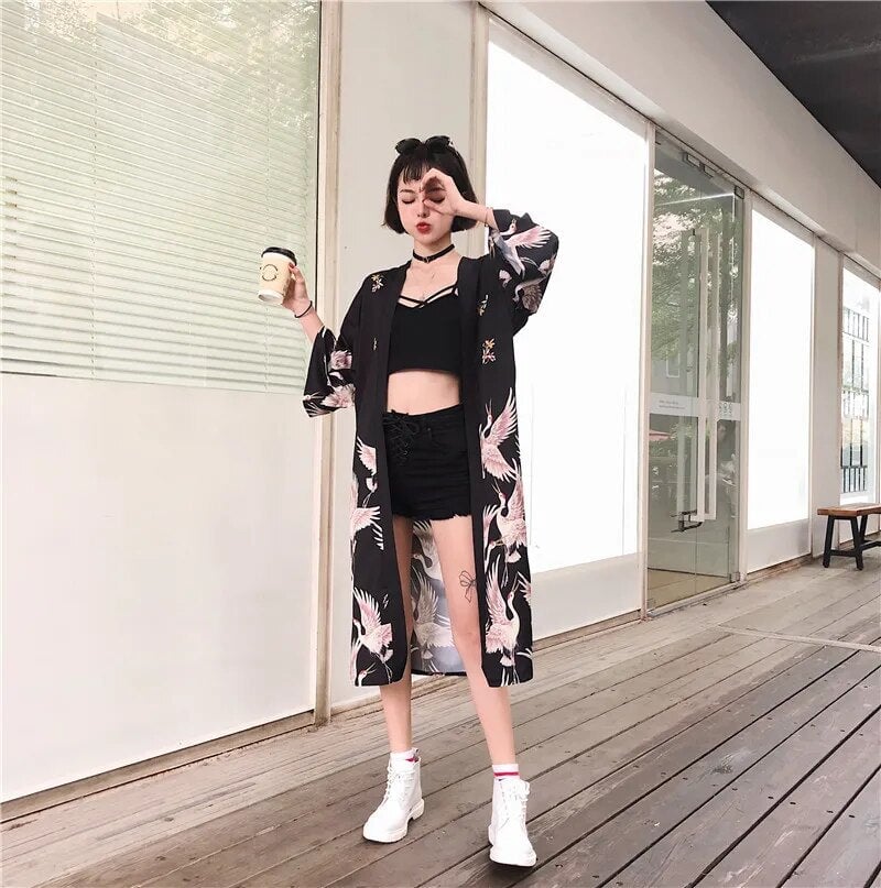 kawaiies-softtoys-plushies-kawaii-plush-Japanese Crane Print Long Kimono Kimono