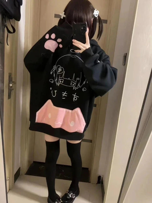 kawaiies-softtoys-plushies-kawaii-plush-Japanese Harajuku Gothic Cat Black Pink Hoodie Apparel