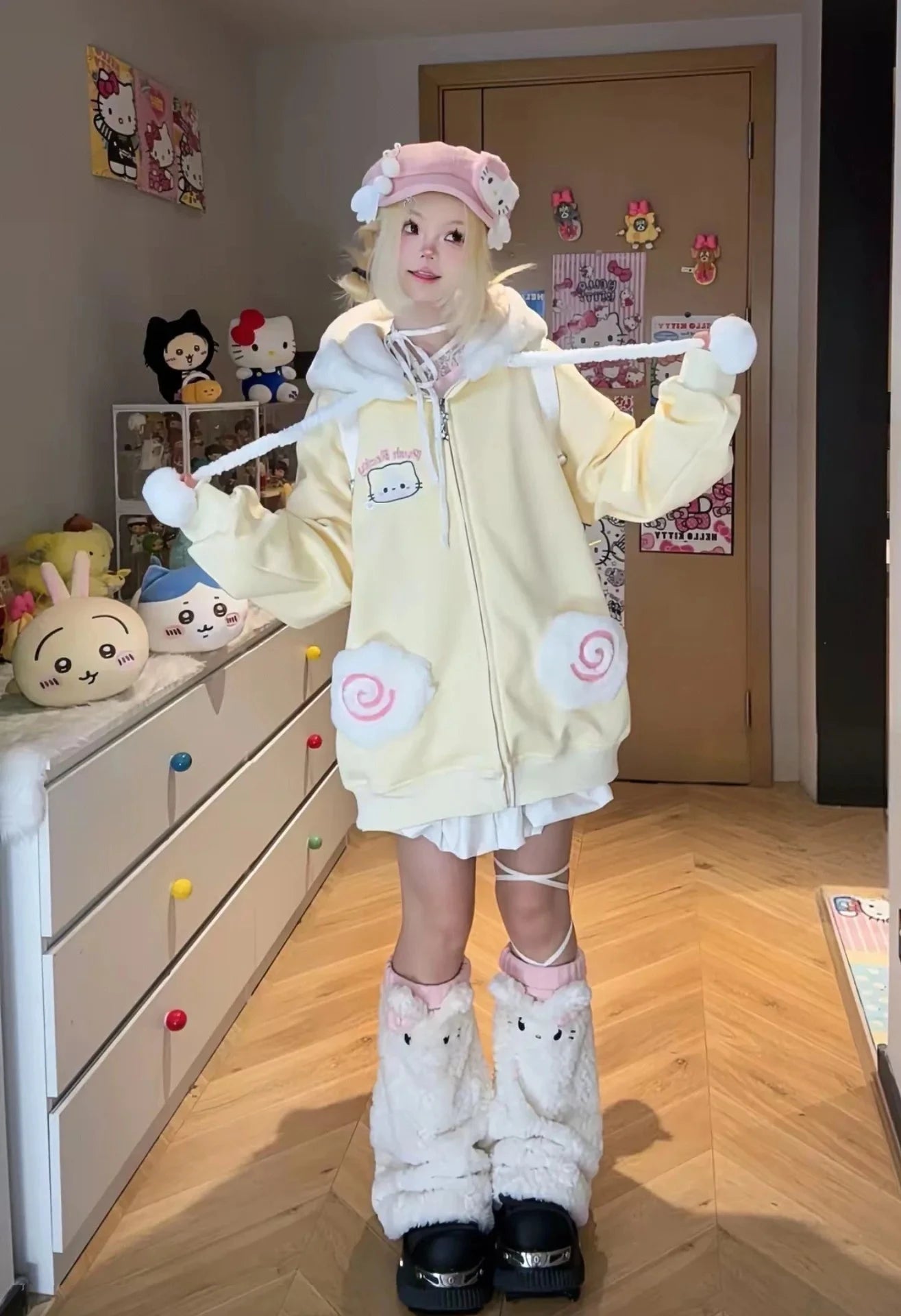 kawaiies-softtoys-plushies-kawaii-plush-Japanese Kawaii Fluffy Pink Yellow Cat Zip-Up Jacket Apparel