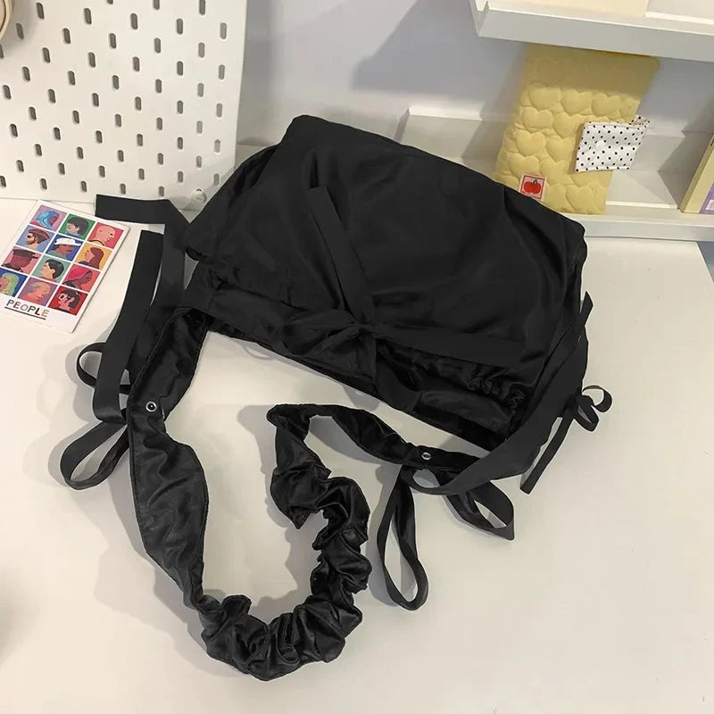 kawaiies-softtoys-plushies-kawaii-plush-Japanese Satin Handbag with Ruffled Shoulder Straps Bags Black