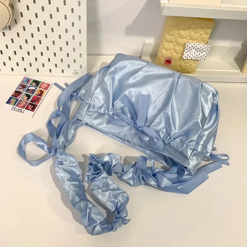 kawaiies-softtoys-plushies-kawaii-plush-Japanese Satin Handbag with Ruffled Shoulder Straps Bags Blue