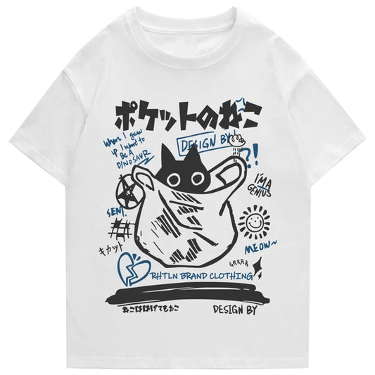 kawaiies-softtoys-plushies-kawaii-plush-Japanese-theme Black Cat in a Bag Unisex Tee Apparel White S