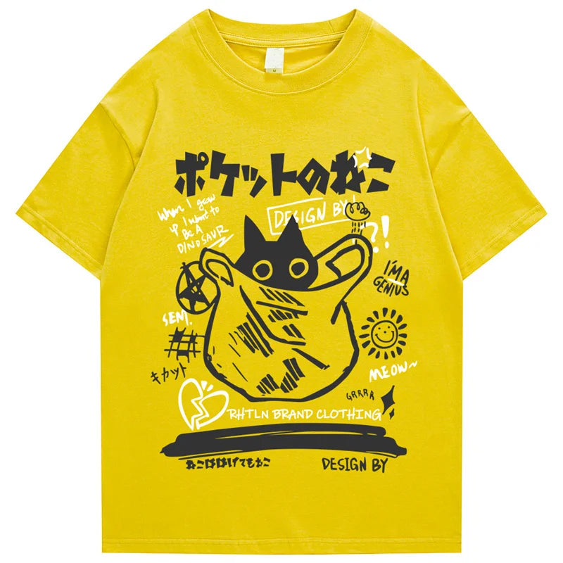 kawaiies-softtoys-plushies-kawaii-plush-Japanese-theme Black Cat in a Bag Unisex Tee Apparel Yellow S