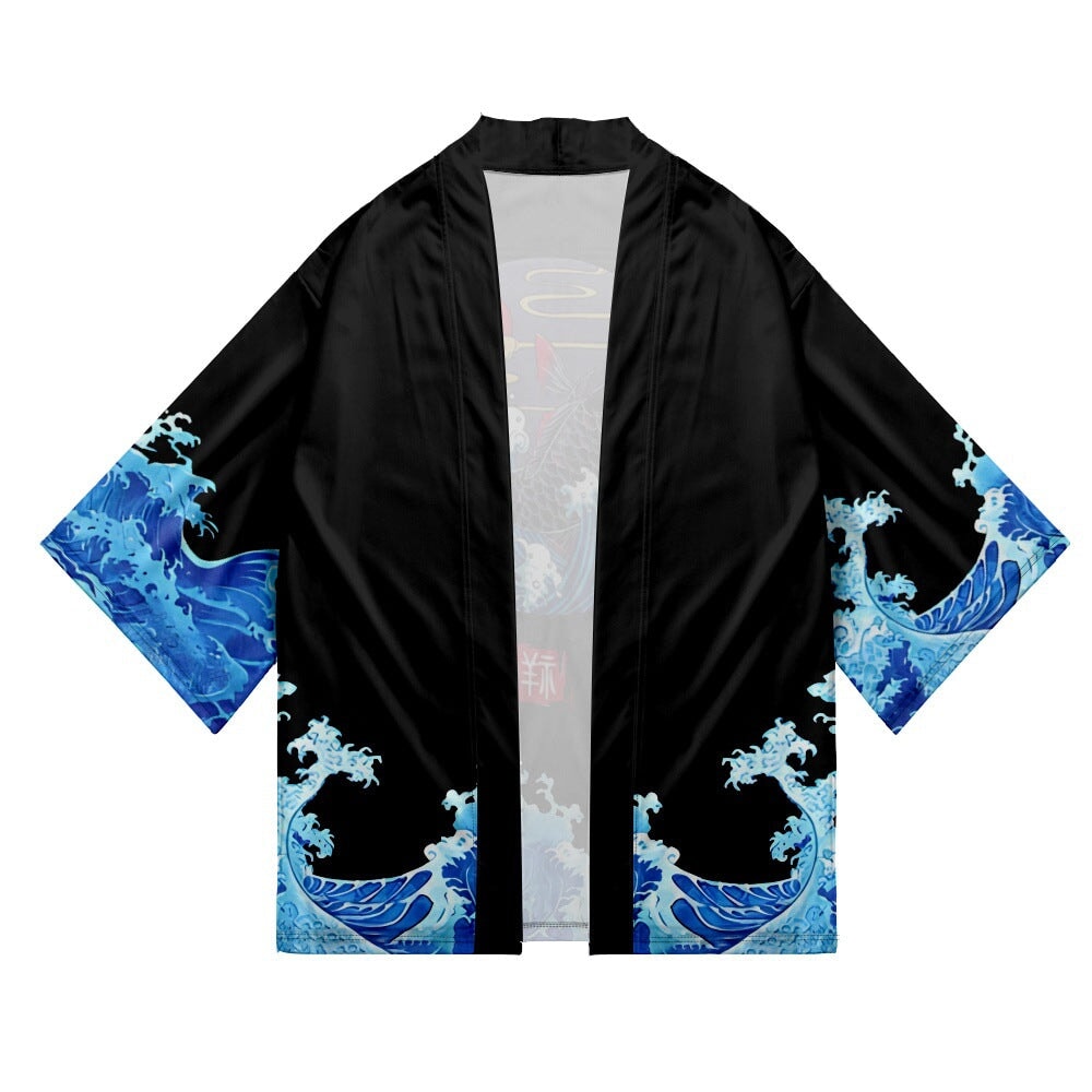 kawaiies-softtoys-plushies-kawaii-plush-Japanese-themed Black Koi Waves Unisex Kimono Kimono