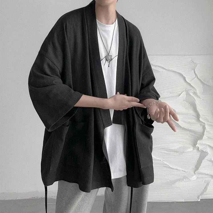 kawaiies-softtoys-plushies-kawaii-plush-Japanese-themed Black Midnight Purple Minimalist Men’s Kimono Jacket Kimono Black XL