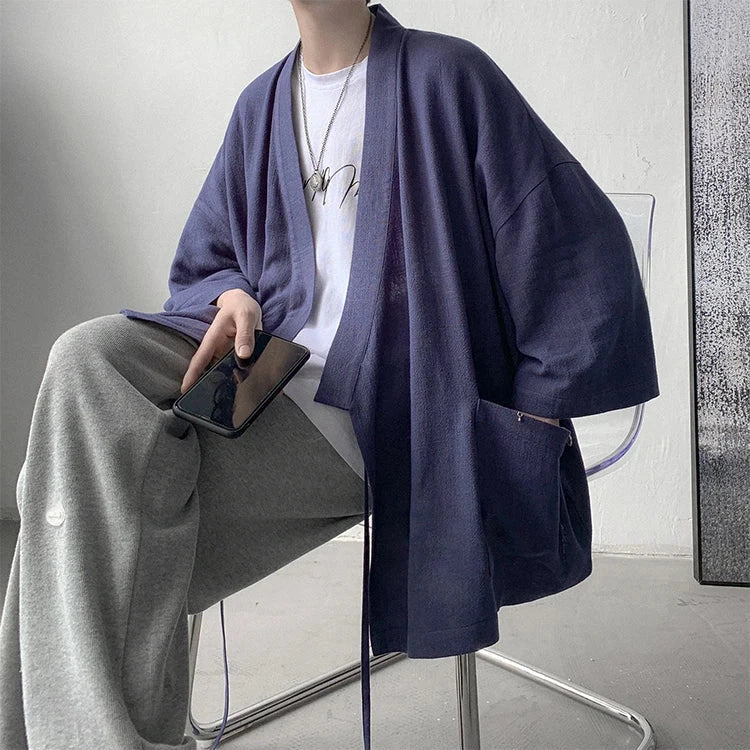 kawaiies-softtoys-plushies-kawaii-plush-Japanese-themed Black Midnight Purple Minimalist Men’s Kimono Jacket Kimono Navy Blue M