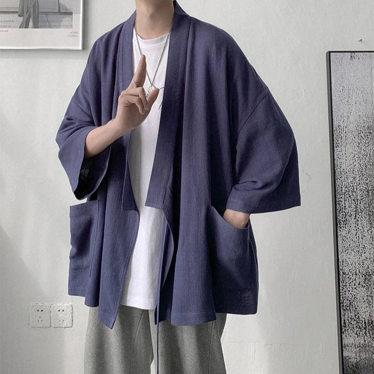 kawaiies-softtoys-plushies-kawaii-plush-Japanese-themed Black Midnight Purple Minimalist Men’s Kimono Jacket Kimono Navy Blue XL