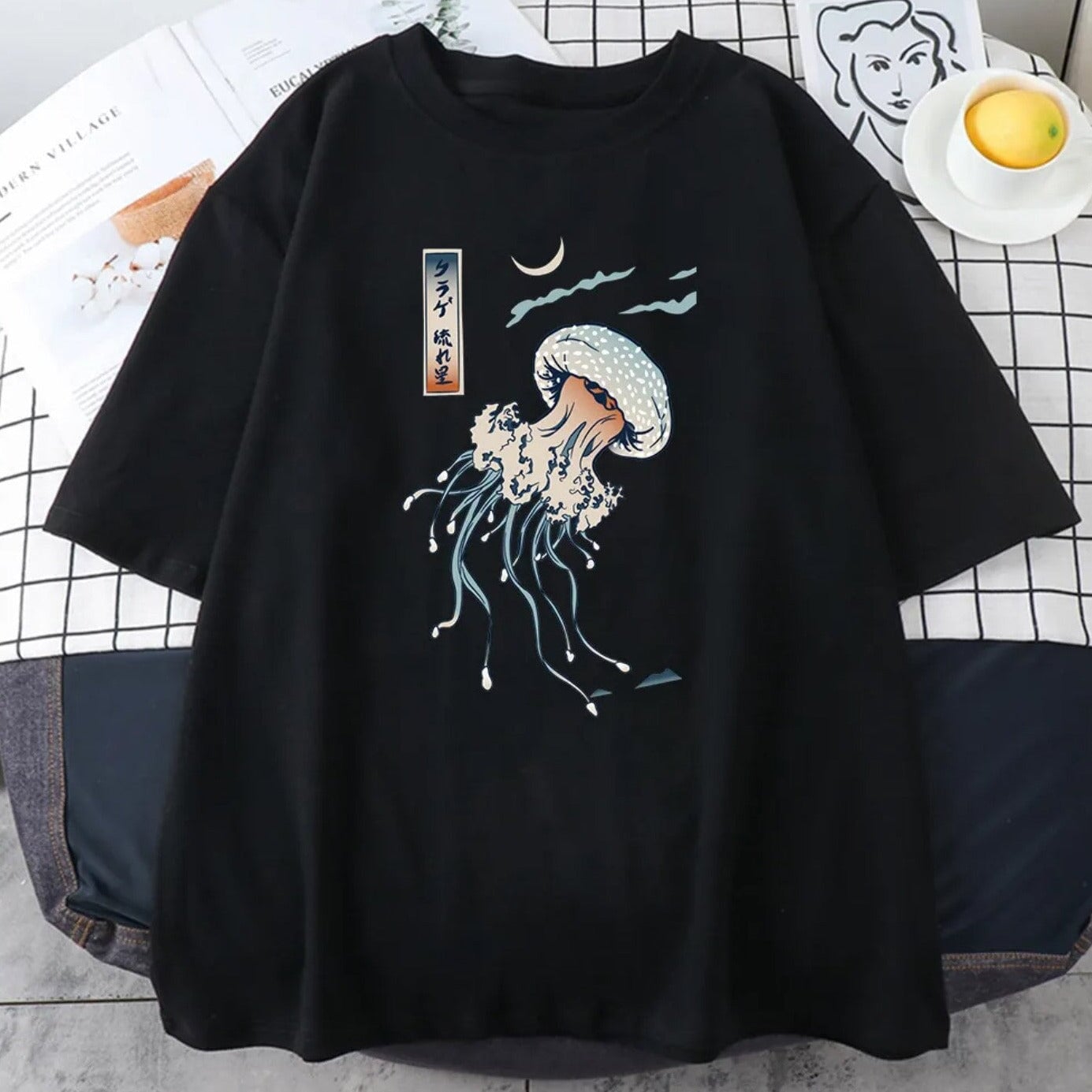 kawaiies-softtoys-plushies-kawaii-plush-Japanese-themed Floating Jellyfish Unisex Tee Apparel Black XS