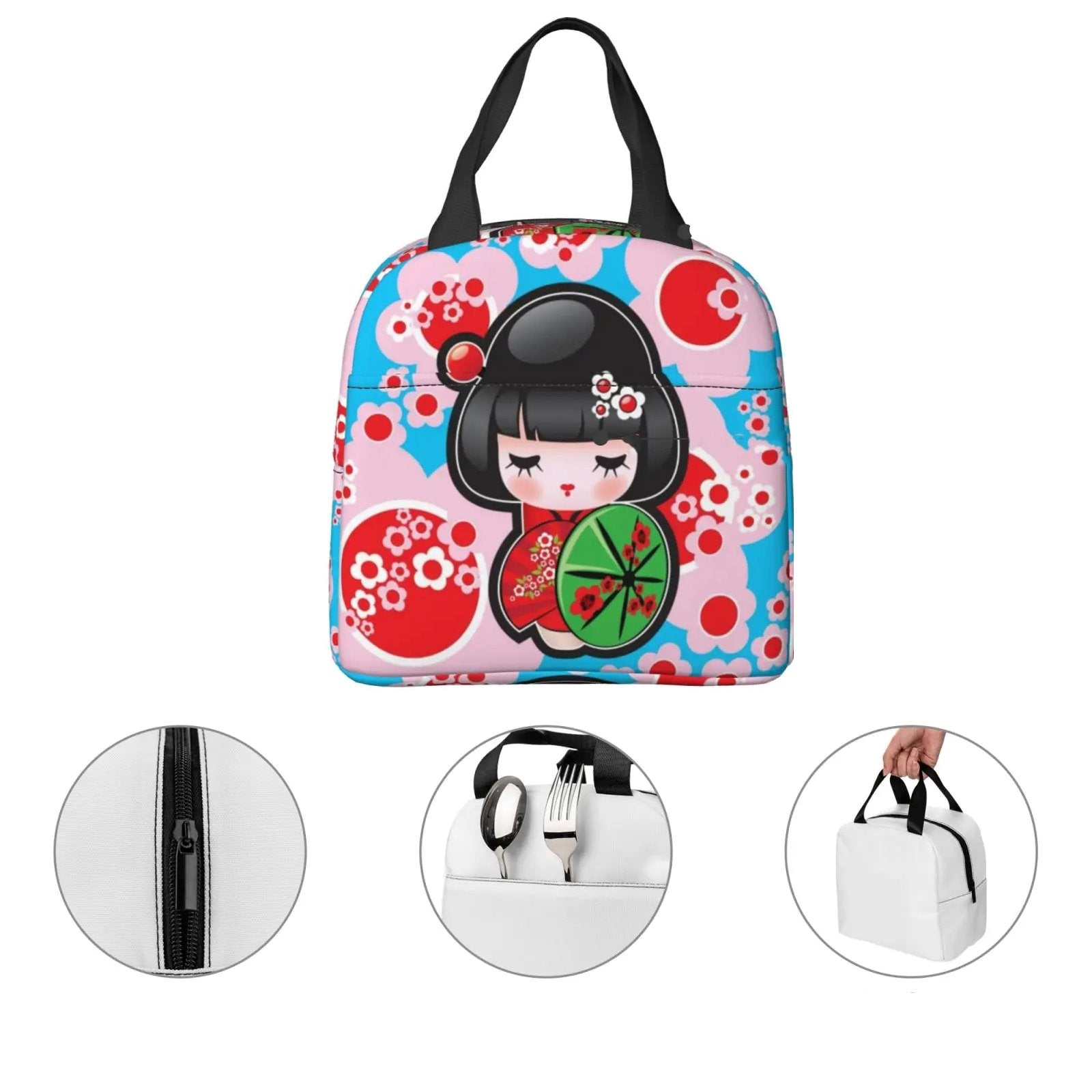 kawaiies-softtoys-plushies-kawaii-plush-Japanese-themed Keiko Kokeshi Doll Insulated Lunch Bag Collection Bag