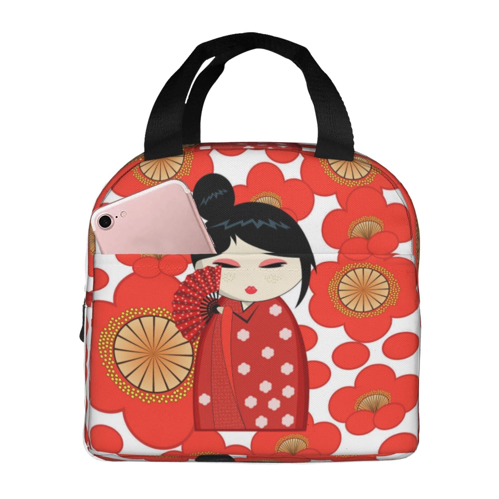 kawaiies-softtoys-plushies-kawaii-plush-Japanese-themed Keiko Kokeshi Doll Insulated Lunch Bag Collection Bag Red