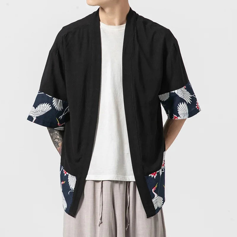 kawaiies-softtoys-plushies-kawaii-plush-Japanese-themed Minimalist Crane Men’s Kimono Jacket Apparel Black M