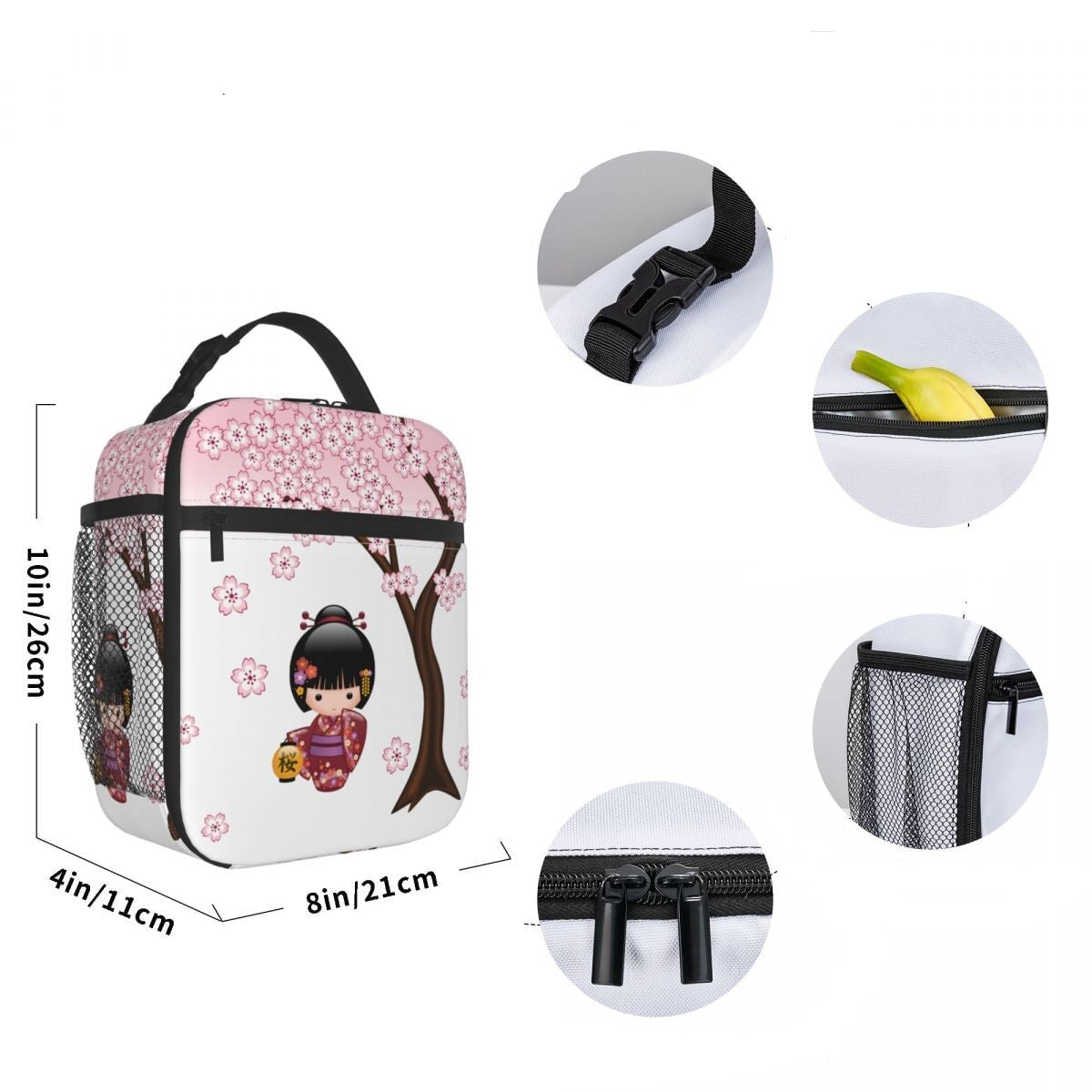 kawaiies-softtoys-plushies-kawaii-plush-Japanese-themed Sakura Blossom Tree Keiko Kokeshi Doll Square Lunch Bag Bag